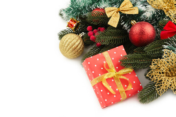 Christmas background with decorations and gift box isolated on white background.