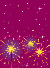 Yellow burning sparklers isolated on magenta. Indian firework with gold sparks, snowflakes and glow. Colorful vertical background for design banner, flyer, card for party,celebration. Vector.