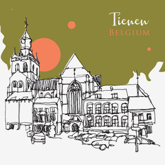 Fototapeta premium Drawing sketch illustration of Tienen, Belgium