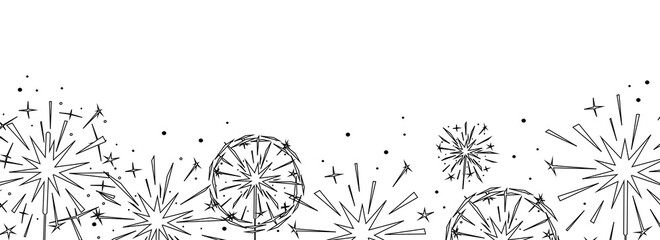 Black outline burning sparkler silhouettes isolated on white. Indian firework with sparks and glow. Monochrome horizontal background for design banner, flyer, card for party, celebration. Vector