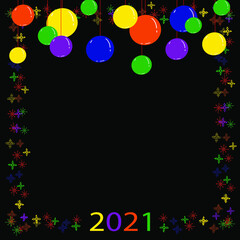 Background for the New Year. Christmas decorations, round colored balls, snowflakes, lettering.