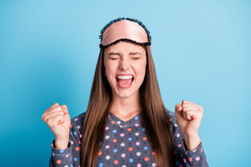 Closeup headshot photo of lovely model young girl raised fists open mouth closed eyes win house...