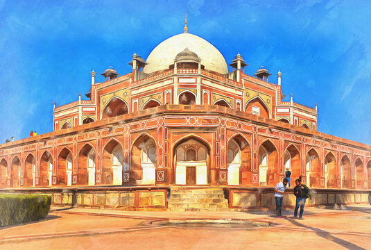 Colorful painting of Humayun's tomb, 1570s, Delhi, India