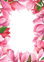 Naklejka premium Watercolor Magnolia frame with plants and leaves.