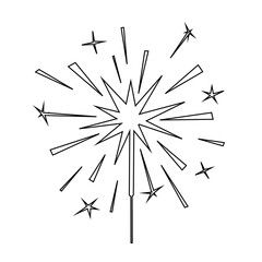 Black outline burning sparkler silhouette isolated on white. Indian fireworks with sparks and glow. Element for design banner, flyer, card, background for party, celebration. Vector illustration.