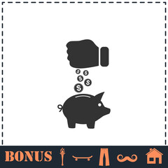Piggy bank and hand with coin icon flat