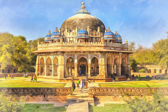 Colorful painting of Isa Khan Niazi Tomb, Delhi, India