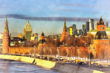 Cityscape with Kremlin and Moskva river colorful painting looks like picture