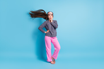 Full length photo of cute teenager girl air blow long hairdo barefoot palm face shock weather...