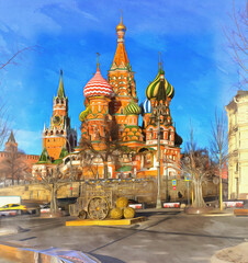 Fototapeta na wymiar St. Basil's cathedral colorful painting looks like picture