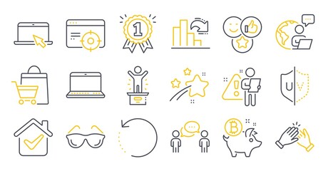 Set of Business icons, such as Consulting business, Like, Notebook symbols. Eyeglasses, Uv protection, Portable computer signs. Decreasing graph, Recovery data, Bitcoin coin. Winner podium. Vector