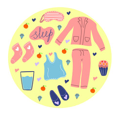 Hand drawn set of items for pajama party, sweet dreams concept, cozy. pajamas, t-shirt, eye mask, Slippers, glass of water, warm socks. Flat illustration.