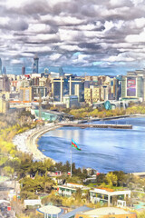 Fototapeta na wymiar Cityscape of Baku and Caspian sea colorful painting