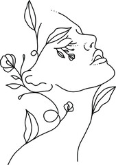 Floral beauty face art. One line drawing