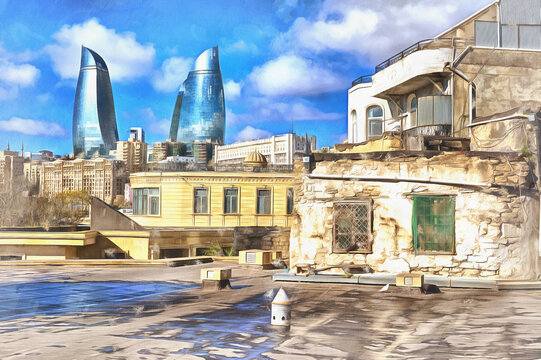 Colorful painting of Old City, Inner City, Baku, Azerbaijan.