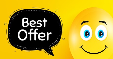 Best offer. Easter egg with smile face. Special price Sale sign. Advertising Discounts symbol. Easter smile character. Best offer black speech bubble. Yellow egg background. Vector