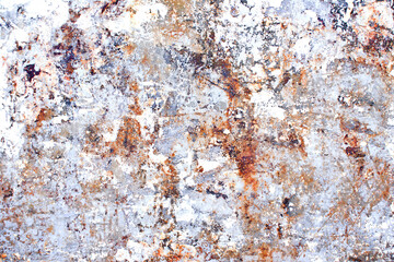 Grunge rust background. Scratched metal texture. Peeling paint background. White rusty brushed iron sheet. Cracked steel pattern. Industrial backdrop for graphic design.