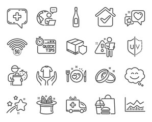 Business icons set. Included icon as Heart, Medical chat, Romantic dinner signs. Trade infochart, Quick tips, Ambulance car symbols. Hat-trick, Hold t-shirt, 5g wifi. Champagne, Smile chat. Vector