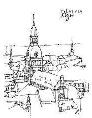 Drawing sketch illustration of Riga, the capital of Latvia