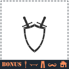 Shield and sword icon flat