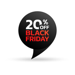 Black Friday sale tag or sticker. 20 percent price off. Discount badge, label for promo banner design. Vector illustration.