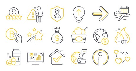 Fototapeta premium Set of Business icons, such as Select flight, Human rating, Ice cream symbols. Security agency, Medical drugs, Bitcoin pay signs. Hot sale, Swipe up, Money bag. Heart, Info, Next. Vector