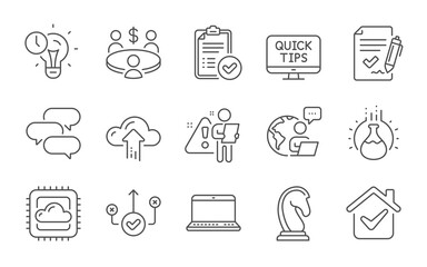 Fototapeta premium Web tutorials, Correct way and Approved report line icons set. Marketing strategy, Meeting and Cloud upload signs. Notebook, Time management and Chemistry experiment symbols. Line icons set. Vector