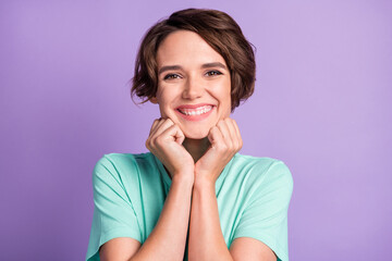 Fototapeta premium Close up portrait of lovely person hands on chin smile wear teal clothing isolated on pastel purple color background