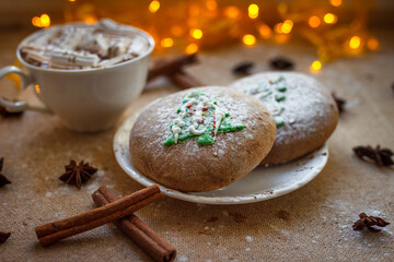 Winter breakfast. Cup of hot chocolate with marshmallows and freshly baked cookies garlands in the background