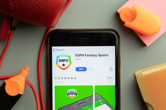 New York, United States - 7 November 2020: Phone screen close-up with ESPN Fantasy Sports mobile app logo on display, Illustrative Editorial