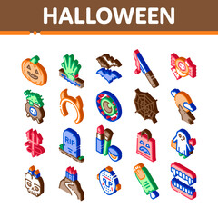 Halloween Celebration Icons Set Vector. Isometric Halloween Pumpkin And Bat, Ghost And Eye, Blood Knife And Candies, Castle And Cobweb Illustrations