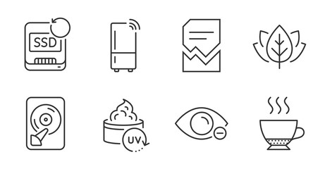 Fototapeta premium Myopia, Recovery ssd and Hdd line icons set. Uv protection, Corrupted file and Espresso signs. Refrigerator, Organic tested symbols. Eye vision, Backup info, Memory disk. Quality line icons. Vector