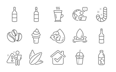 Wine, Ice cream and Water splash line icons set. Coffee-berry beans, Latte and Coffee cocktail signs. Water bottle, Brandy bottle and Candy symbols. Sunflower seed. Vanilla waffle, Aqua drop. Vector