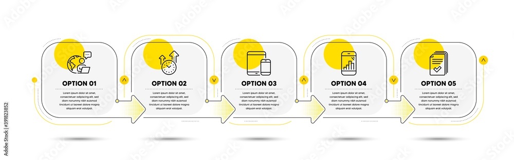 Poster handout, time management and graph phone line icons set. timeline process flowchart. mobile devices 