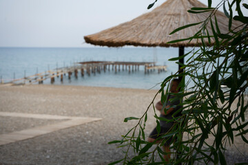 A man stands under a reed umbrella on the beach