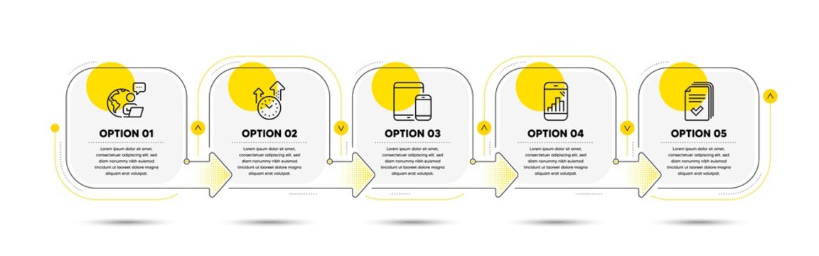 Handout, Time management and Graph phone line icons set. Timeline process flowchart. Mobile devices sign. Documents example, Office clock, Mobile statistics. Smartphone with tablet. Vector