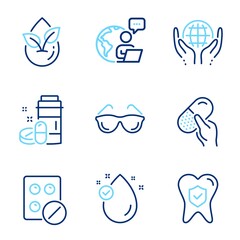 Healthcare icons set. Included icon as Medical drugs, Medical tablet, Eyeglasses signs. Organic tested, Organic product, Vitamin e symbols. Dental insurance, Capsule pill line icons. Vector
