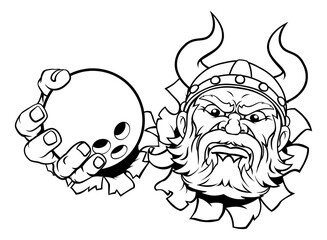 A viking ten pin bowling sports mascot cartoon character holding a ball
