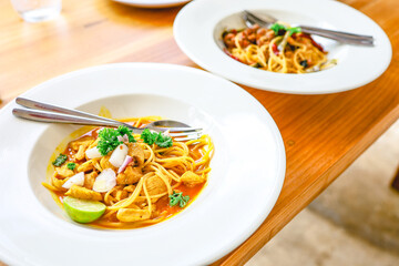 Delicious spaghetti food in restaurant. Tasty spaghetti pasta
