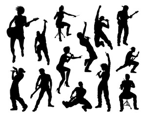 A set of musicians, rock or pop band singers, drummers, and guitarists high quality silhouettes