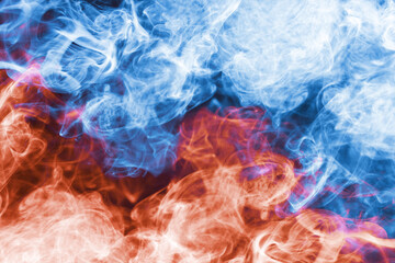 Blue and red smoke background. Air gas swirl texture. Vapour isolated on black. Chaos background. Steam shape flowing motion backdrop. Colorful flow background.