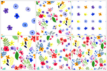 Seamless pattern set. Vector floral design with wildflowers. Romantic background collection