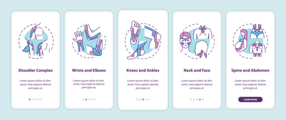 Muscle complex onboarding mobile app page screen with concepts. Body health. Kinesiology tape walkthrough 5 steps graphic instructions. UI vector template with RGB color illustrations