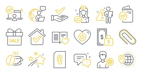 Set of Business icons, such as Support, Coffee cup, World travel symbols. Paper clip, Heart, Dermatologically tested signs. Nurse, Private payment, Online access. Verification document. Vector