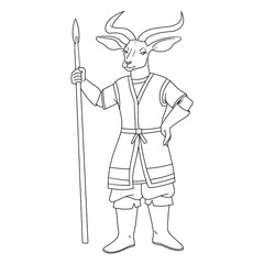 knight with spear in hand and deer head. monochrome, outline, comic.