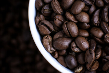 White cup full of coffee beans close up against the coffee beans background. Coffee mug. Morning espresso. 