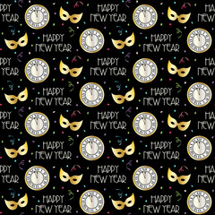 seamless new years eve pattern with countdown clock and masks