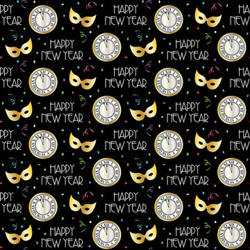 Seamless New Years Eve Pattern With Countdown Clock And Masks