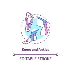 Knees and ankles concept icon. Physical health. Leg and hand care. Prevent joint injury. Kinesiology tape idea thin line illustration. Vector isolated outline RGB color drawing. Editable stroke