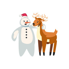 christmas, snowman with cute reindeer, on white background